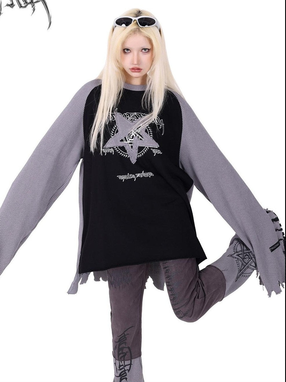 PINKSPINK Pink Embroidered Asymmetrical Distressed Pentagram Women's Cotton Flare Jeans