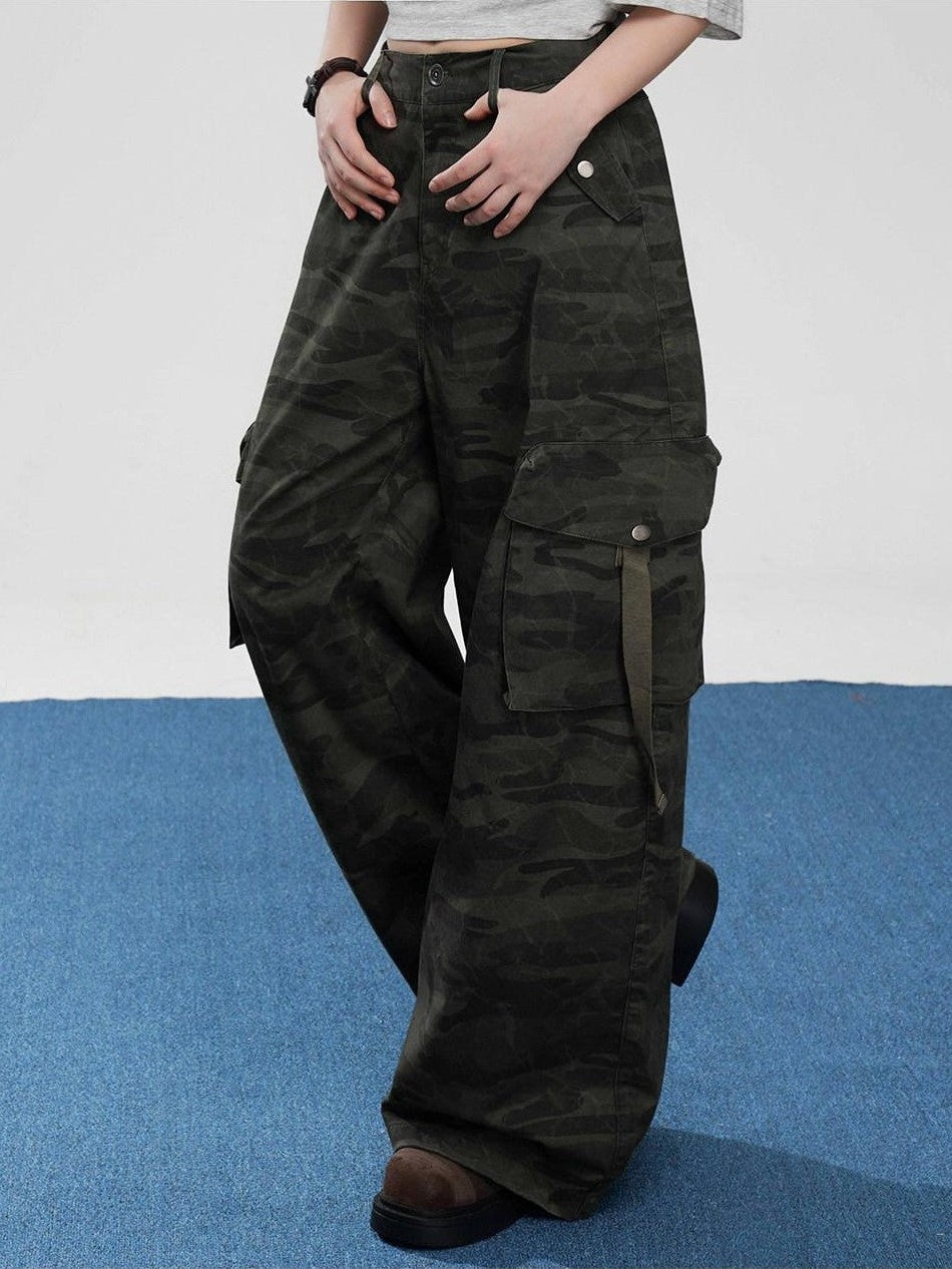 VEEMIX Military Green Camouflage Cargo Pockets Women's Cotton Blend Wide-leg Pants