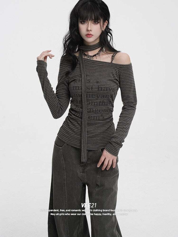 VEEMIX_Striped_Asymmetric_Off_Shoulder_Printed_Women's_Long_Sleeve_T-shirts_980537955964_MISSTT