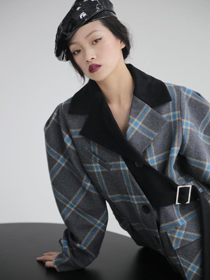 Jnylon studios Deconstructed Plaid Asymmetric Color Block Women's Wool Long Straight Coat With Pockets Buttons Wool Coats