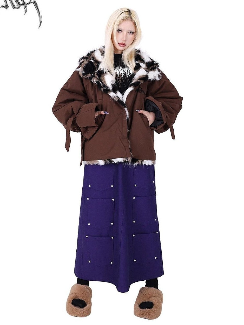 PINKSPINK Dark Purple Embroidered Multi Pocket Patchwork Women's Denim Maxi Skirts