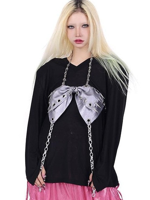 PINKSPINK Silver Studded 3d Bow Embroidered Cutout Asymmetric Tie Back Women's Halter Tops