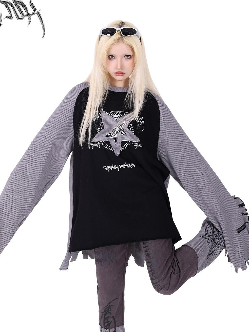 PINKSPINK Pentagram Denim Patchwork Raglan Printed Women's Knit Sweatshirts