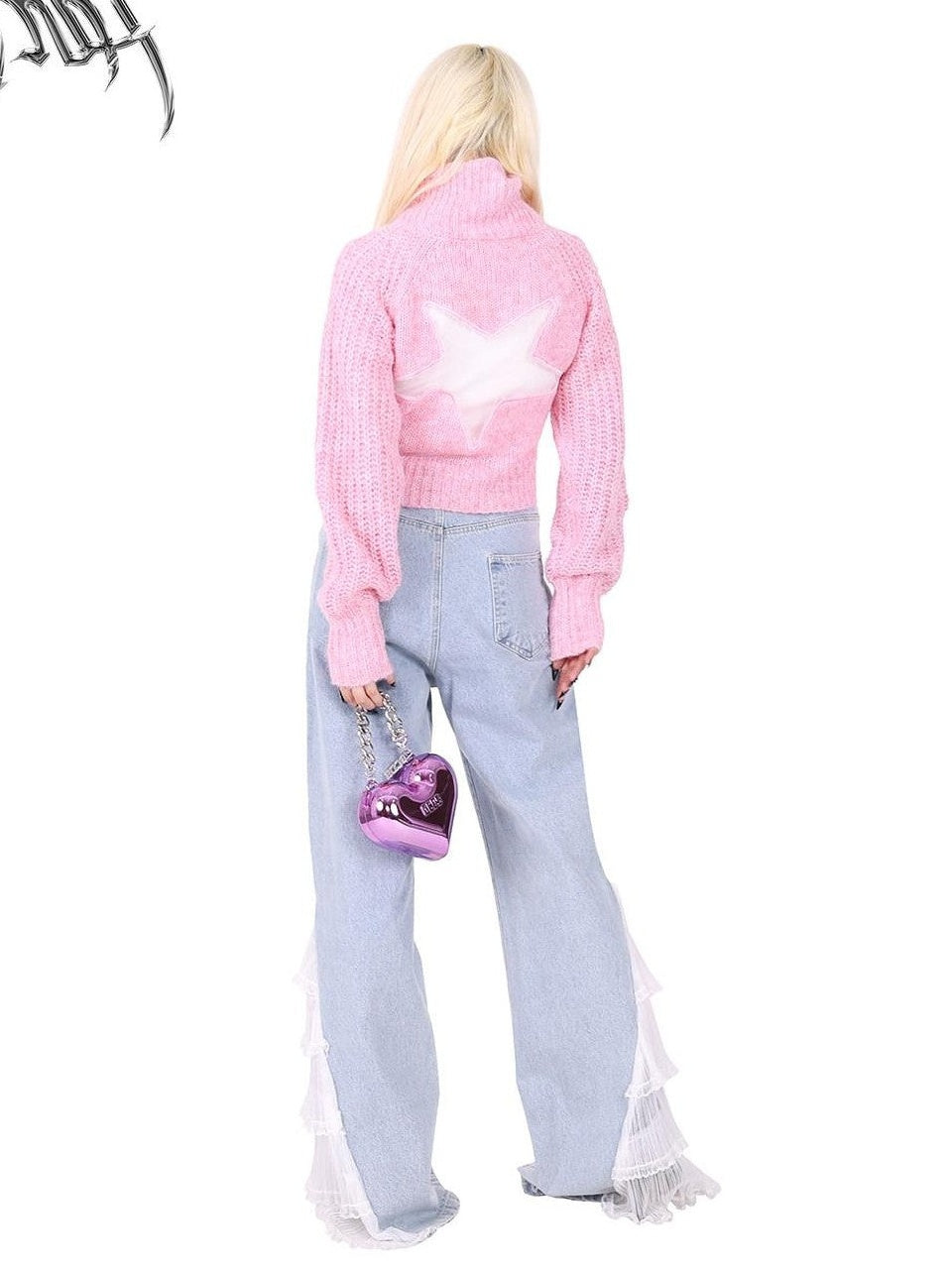 PINKSPINK Pentagram Cutout Double Zipper Tie Women's Acrylic Turtleneck Sweaters