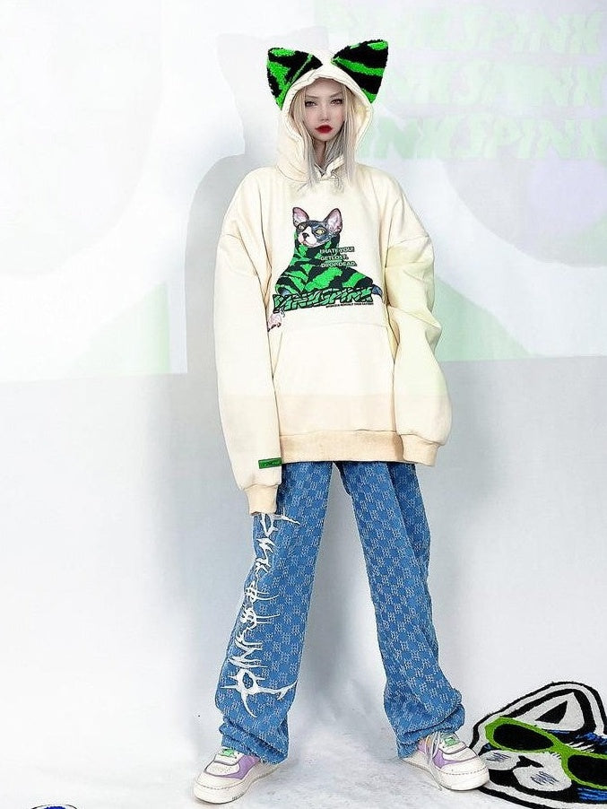 PINKSPINK Sphynx Cat Zebra Print Cat Ear Hooded Boyfriend Fit Women's Sweatshirts