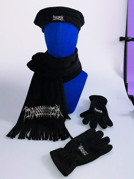 PINKSPINK_Black_Polar_Fleece_Beret_Scarf_And_Glove_Set_Women's_Cotton_Berets_629788413212_MISSTT