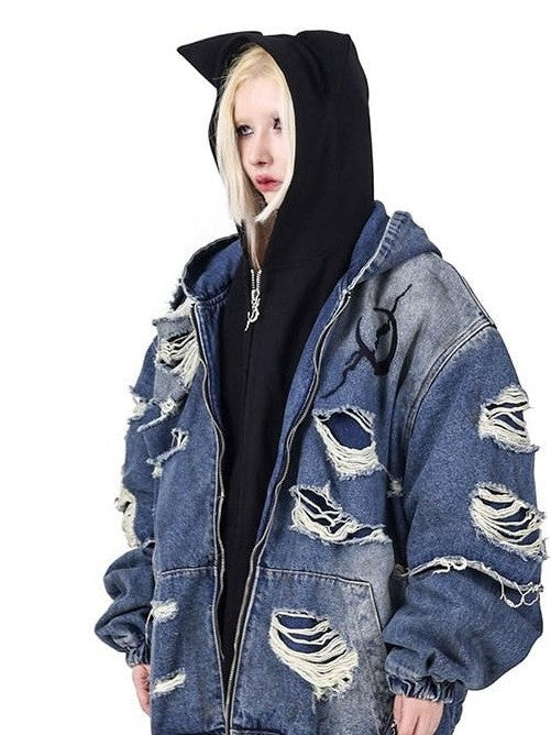 PINKSPINK Black Sphinx Cat Ear Double Zipper Letter Print Women's Zip-up Hoodies