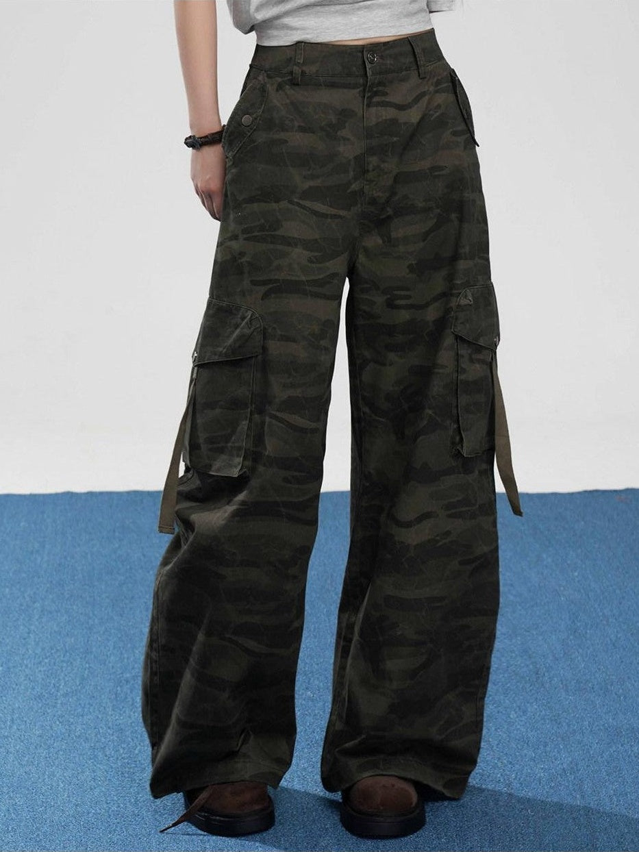 VEEMIX Military Green Camouflage Cargo Pockets Women's Cotton Blend Wide-leg Pants