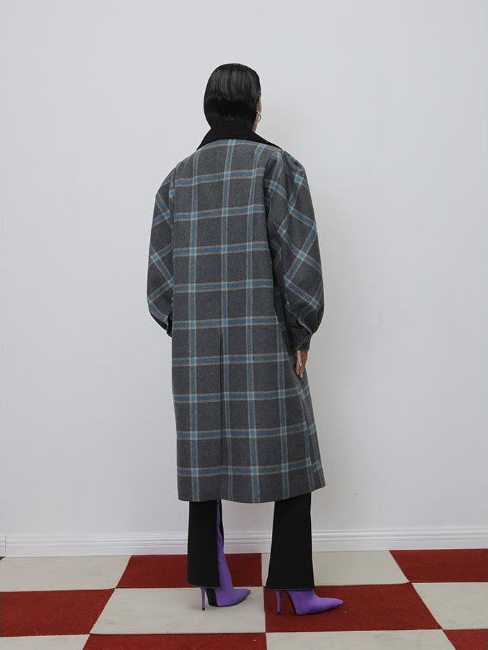 Jnylon studios Deconstructed Plaid Asymmetric Color Block Women's Wool Long Straight Coat With Pockets Buttons Wool Coats