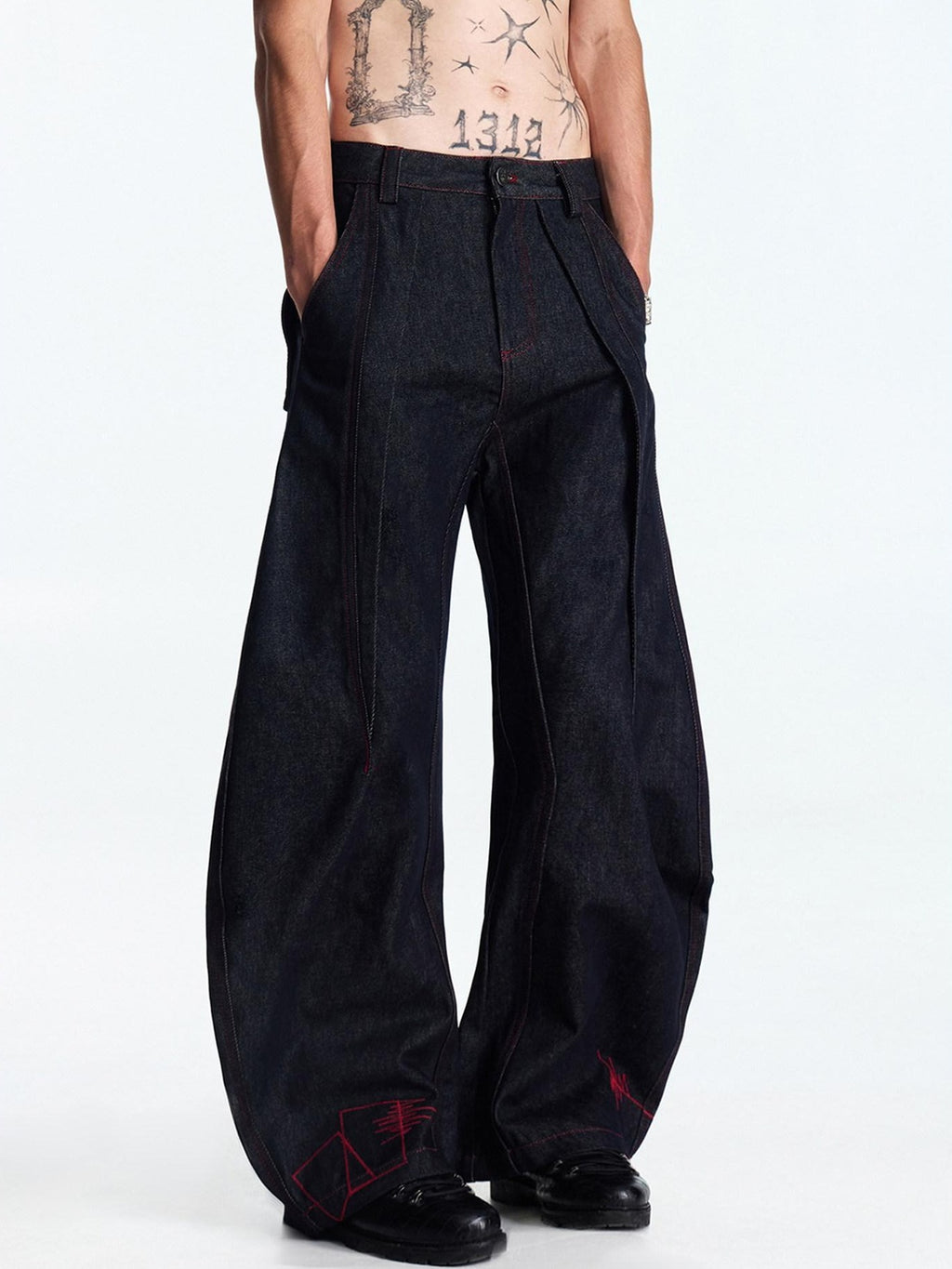 EMOBROTHER Embroidered Patch Mid Rise Baggy American Denim Cotton Wide-Leg Jeans