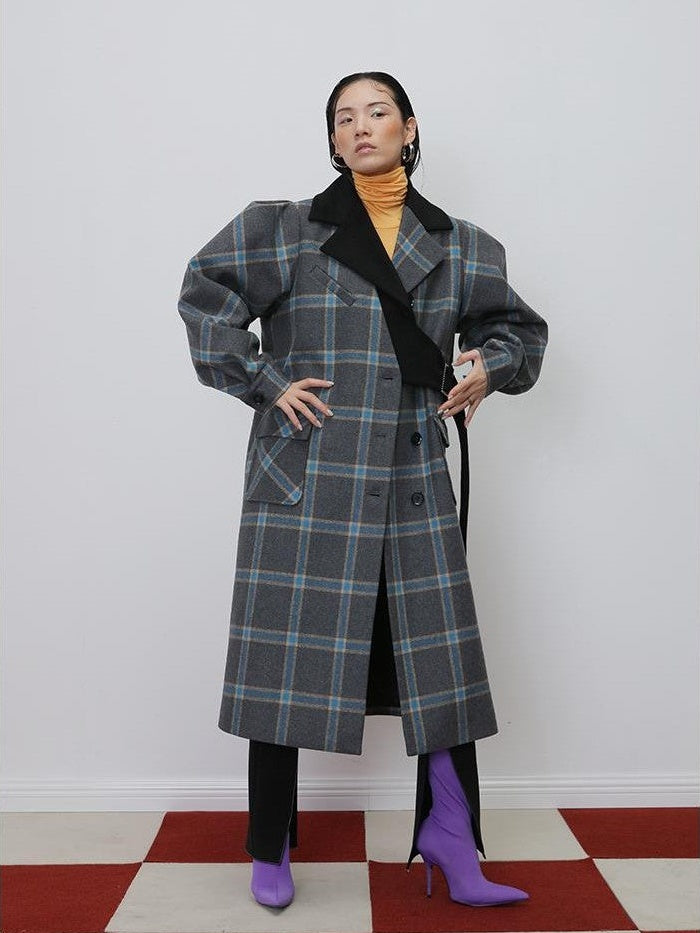 Jnylon studios Deconstructed Plaid Asymmetric Color Block Women's Wool Long Straight Coat With Pockets Buttons Wool Coats
