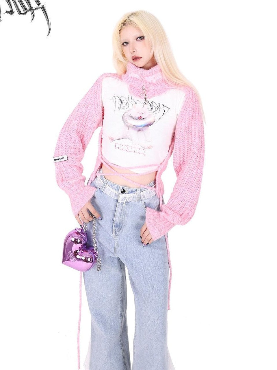 PINKSPINK Pentagram Cutout Double Zipper Tie Women's Acrylic Turtleneck Sweaters