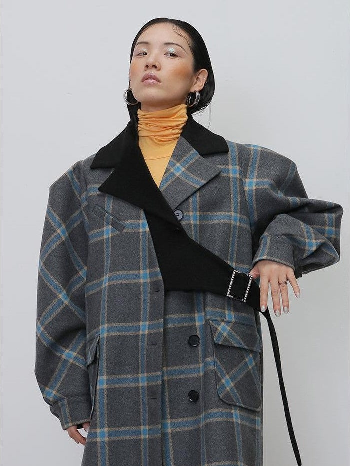 Jnylon studios Deconstructed Plaid Asymmetric Color Block Women's Wool Long Straight Coat With Pockets Buttons Wool Coats