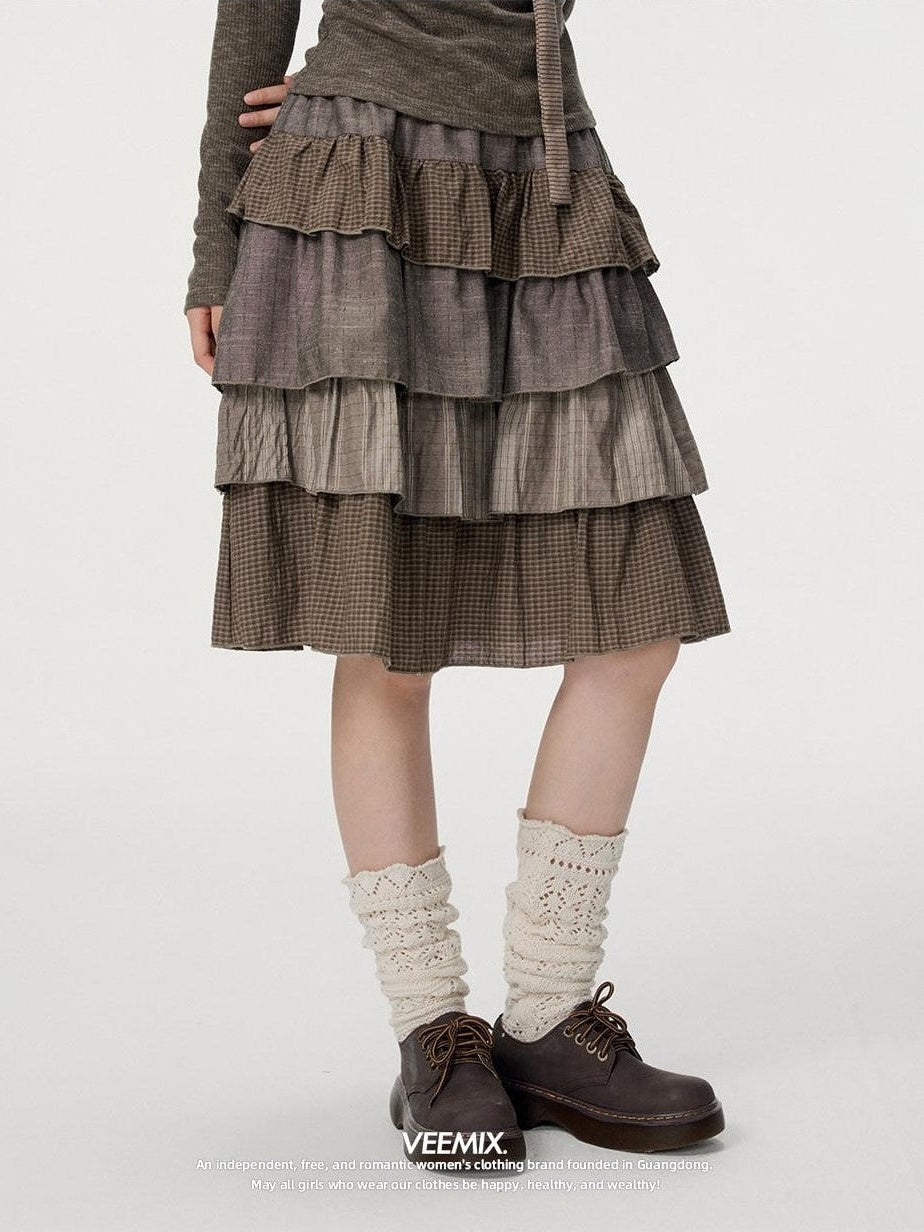 VEEMIX Plaid Patchwork Cake High Waist Women's Cotton Polyester Tiered Skirts