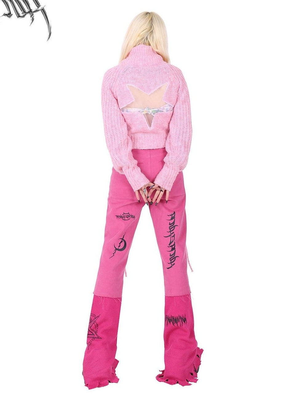 PINKSPINK Pink Embroidered Asymmetrical Distressed Pentagram Women's Cotton Flare Jeans
