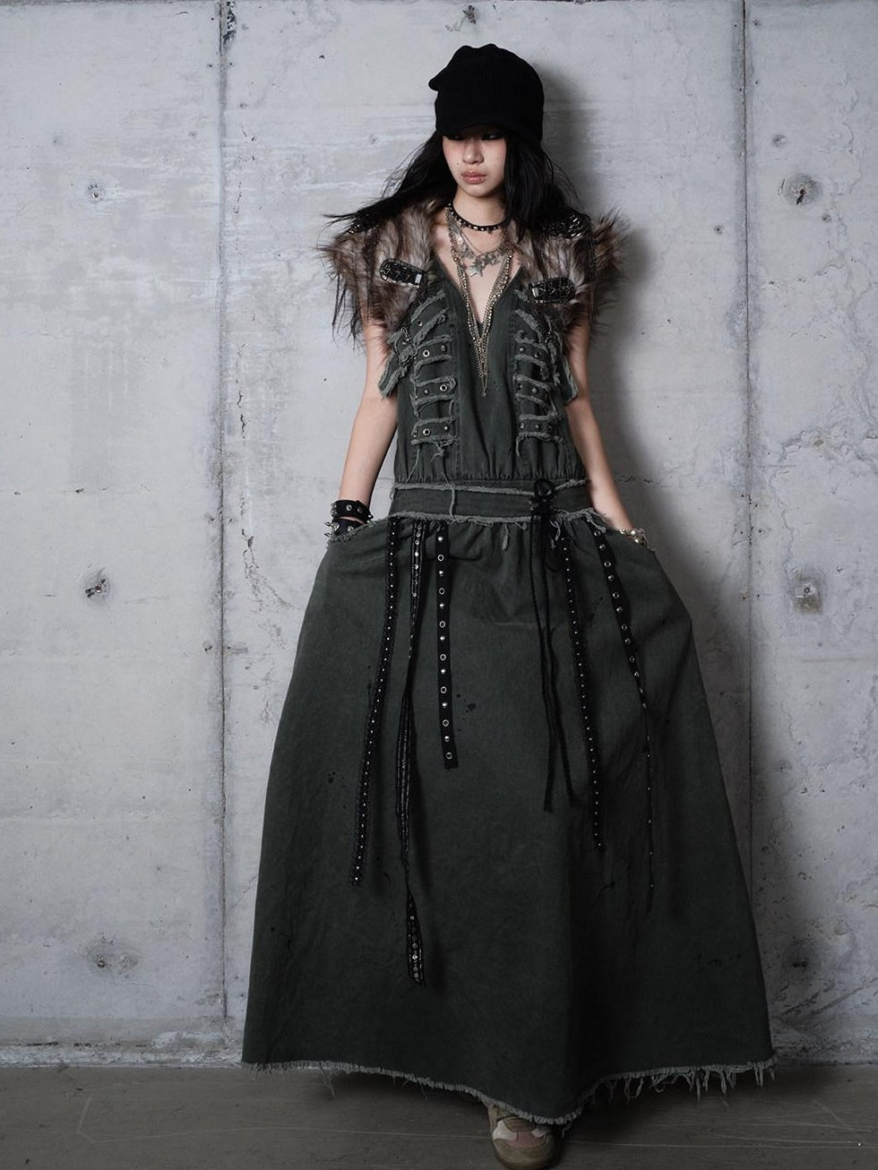 NO ROMANCE Washed Grunge Green Pocketed Punk A Line Loose V-neck Women Casual Midi Dresses