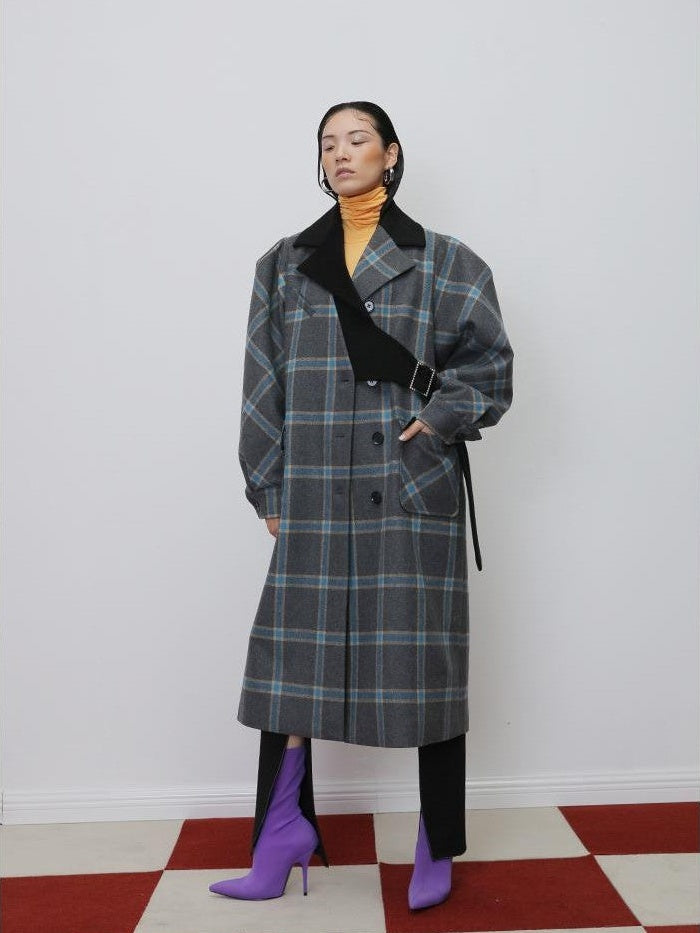 Jnylon studios Deconstructed Plaid Asymmetric Color Block Women's Wool Long Straight Coat With Pockets Buttons Wool Coats
