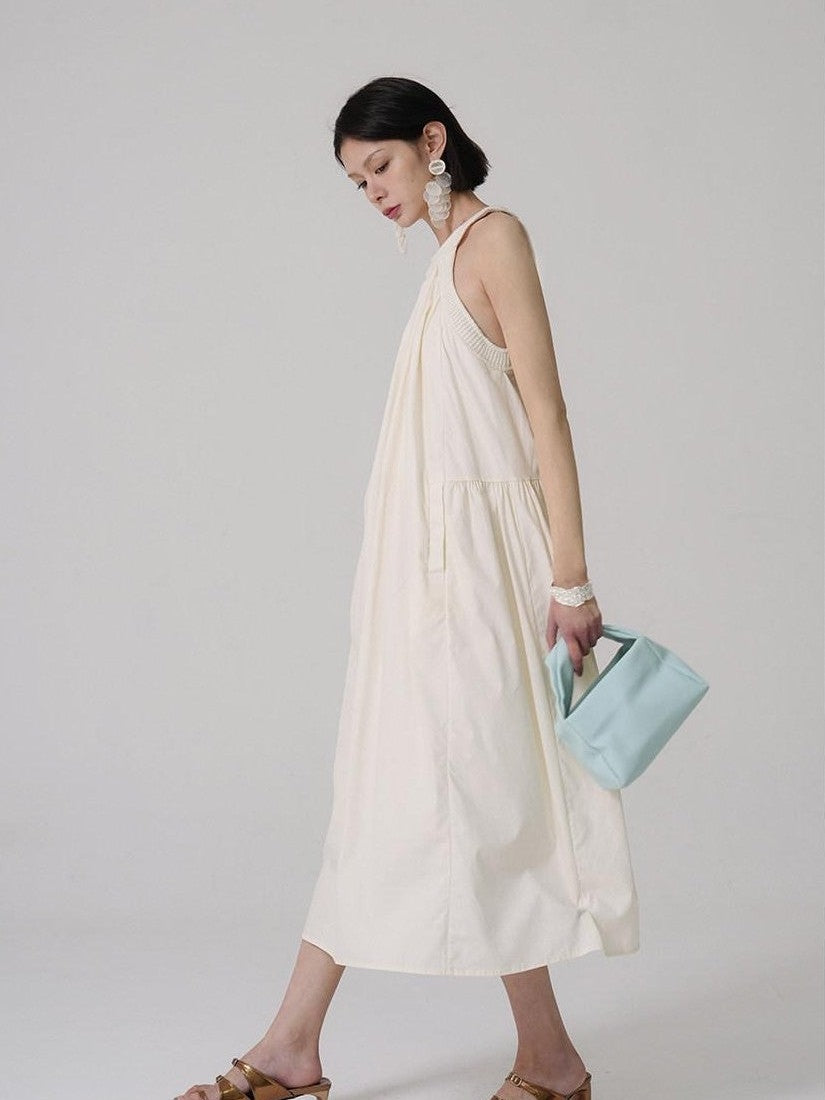 GGLOYDIUS Light Yellow Ruched Pleat A Line Silver Ring Women's Cotton Halter Maxi Dresses