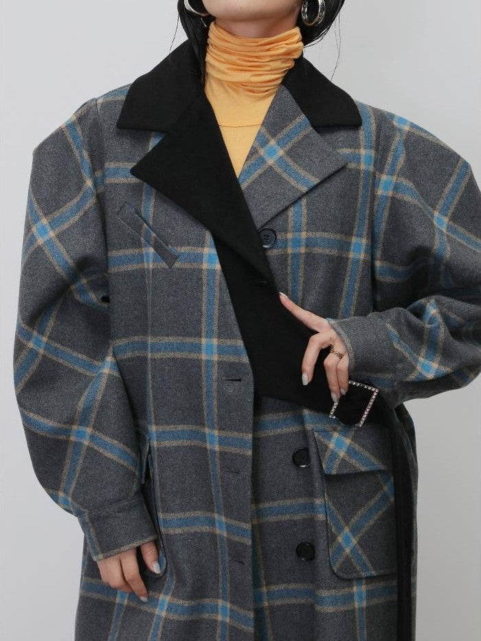 Jnylon studios Deconstructed Plaid Asymmetric Color Block Women's Wool Long Straight Coat With Pockets Buttons Wool Coats