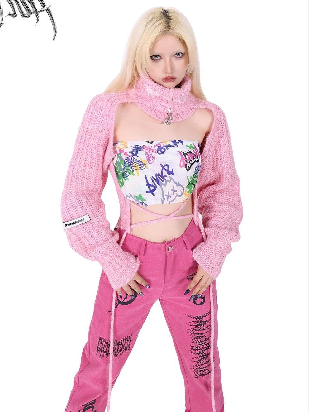 PINKSPINK Pink Embroidered Asymmetrical Distressed Pentagram Women's Cotton Flare Jeans