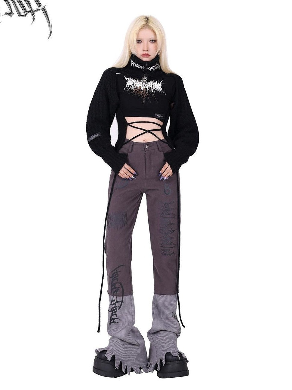 PINKSPINK Pink Embroidered Asymmetrical Distressed Pentagram Women's Cotton Flare Jeans
