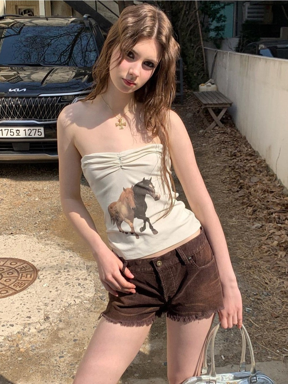 UNIVERSE Retro Vintage Pony American Print Slim Fitted Cropped Women's Tube Tops