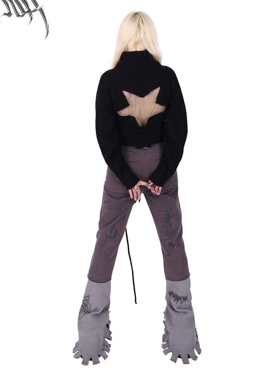 PINKSPINK Pink Embroidered Asymmetrical Distressed Pentagram Women's Cotton Flare Jeans