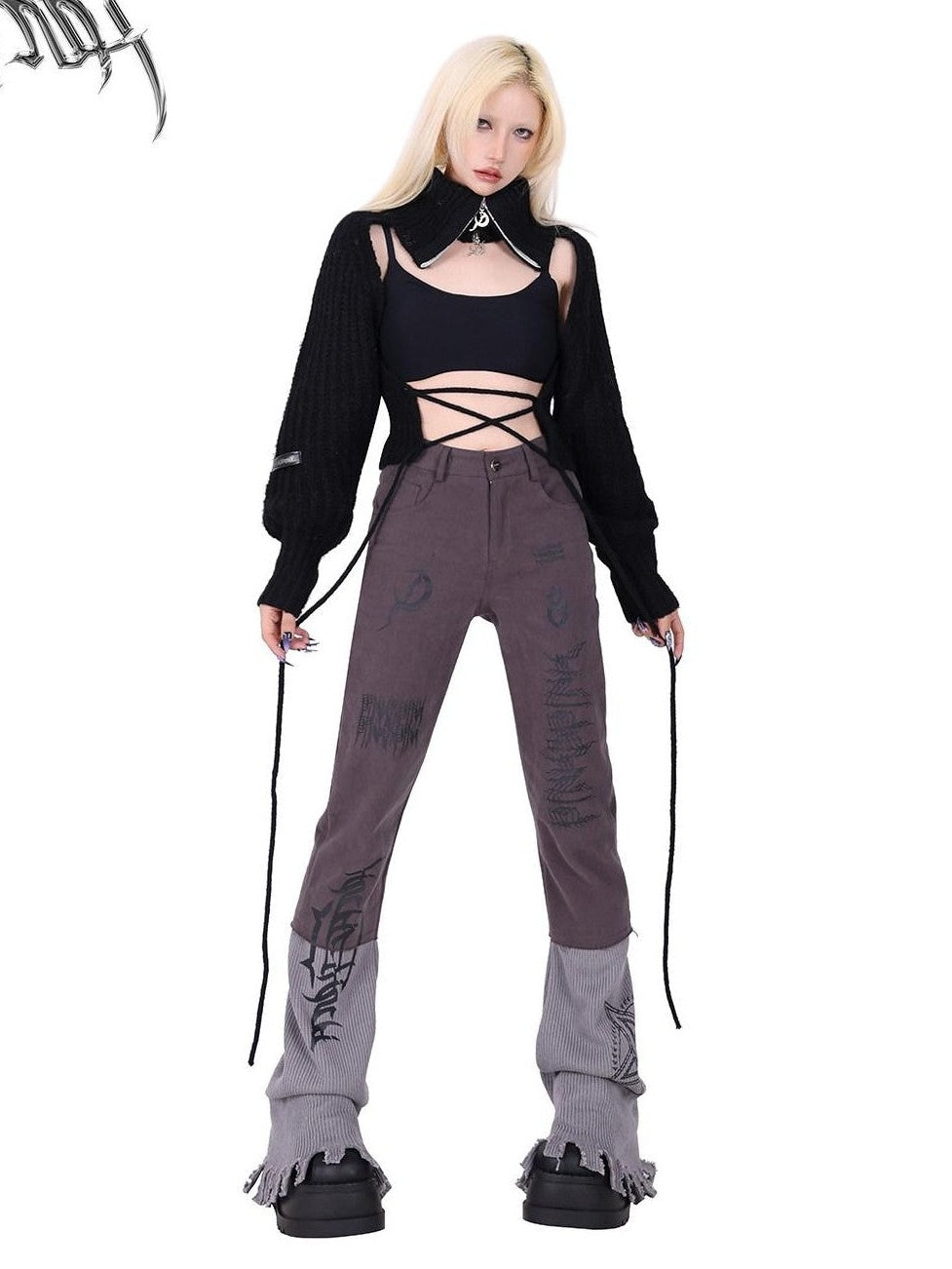 PINKSPINK Pink Embroidered Asymmetrical Distressed Pentagram Women's Cotton Flare Jeans