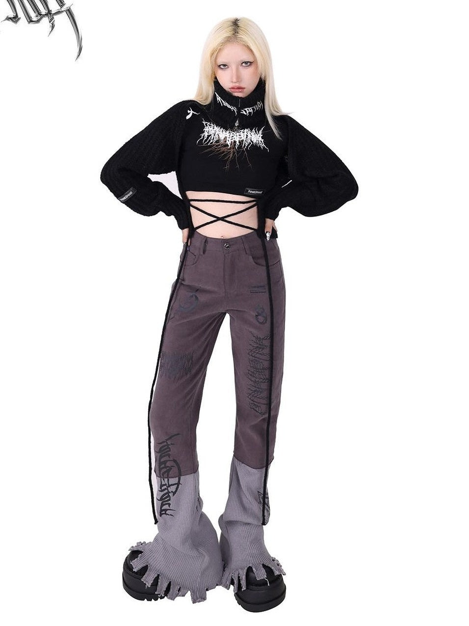 PINKSPINK Pink Embroidered Asymmetrical Distressed Pentagram Women's Cotton Flare Jeans