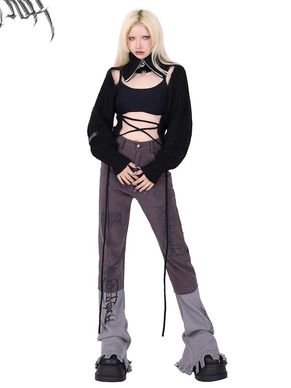 PINKSPINK Pink Embroidered Asymmetrical Distressed Pentagram Women's Cotton Flare Jeans