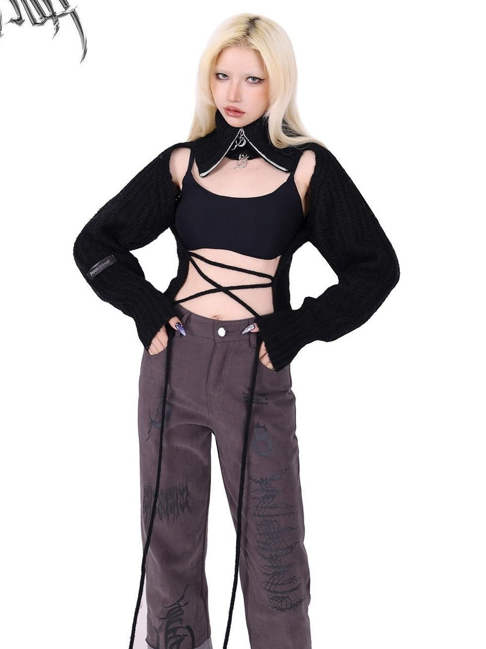 PINKSPINK Pink Embroidered Asymmetrical Distressed Pentagram Women's Cotton Flare Jeans