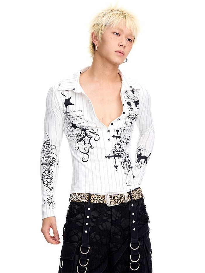 CFIERCE Stretch Cotton Slim Fit Creative Animal Print Casual Long Sleeve Polo Shirt
