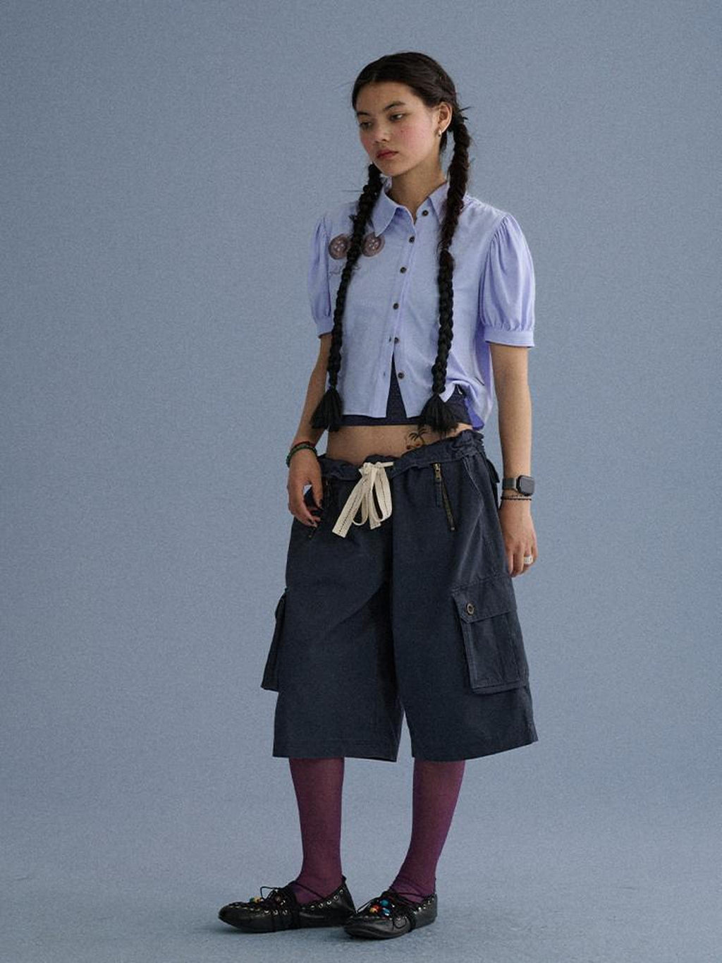 Achihara Blue Grey Buttoned Printed Collared Women'S Cotton Short Sleeve T-Shirts