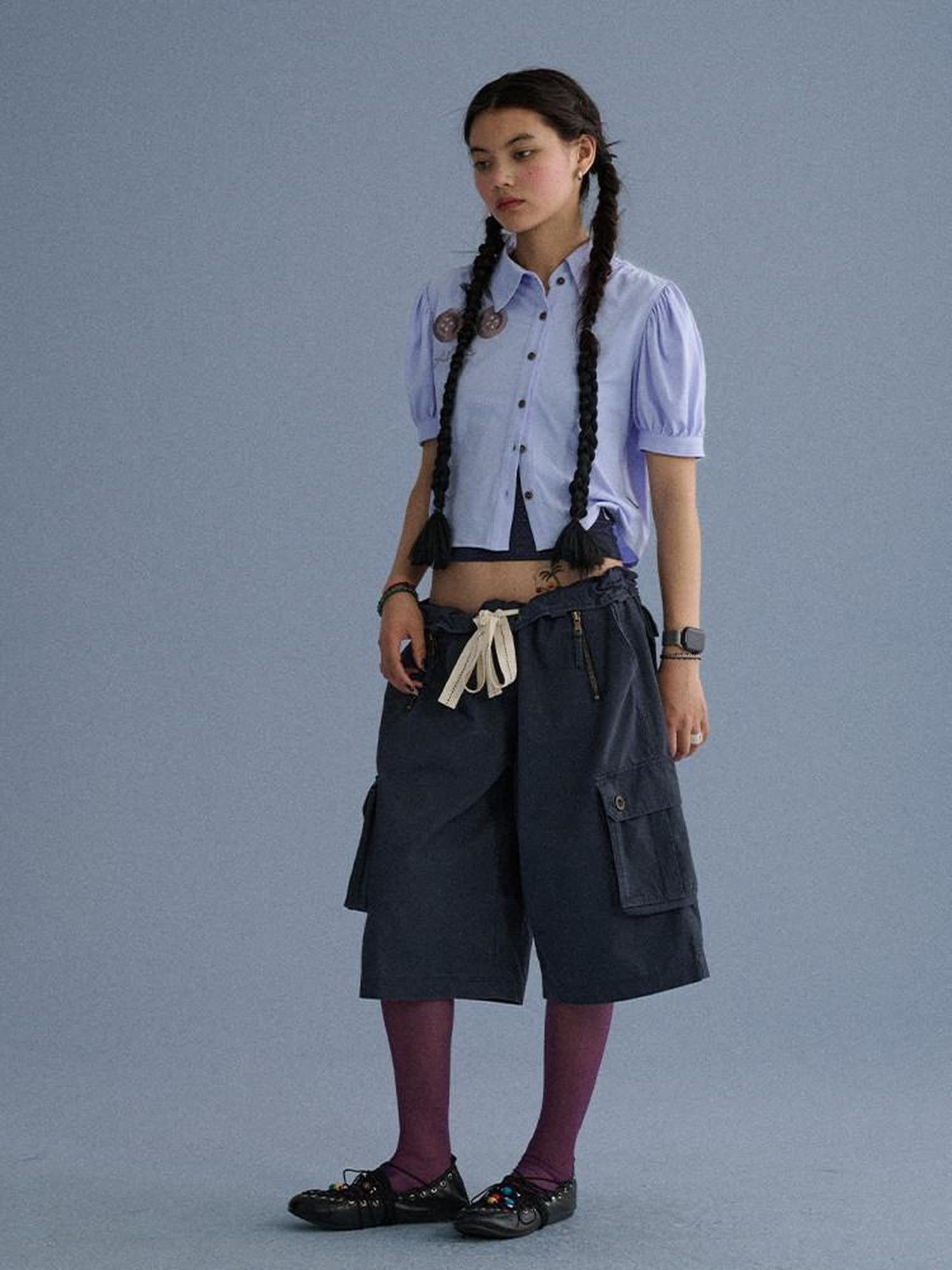 Achihara Blue Grey Buttoned Printed Collared Women'S Cotton Short Sleeve T-Shirts