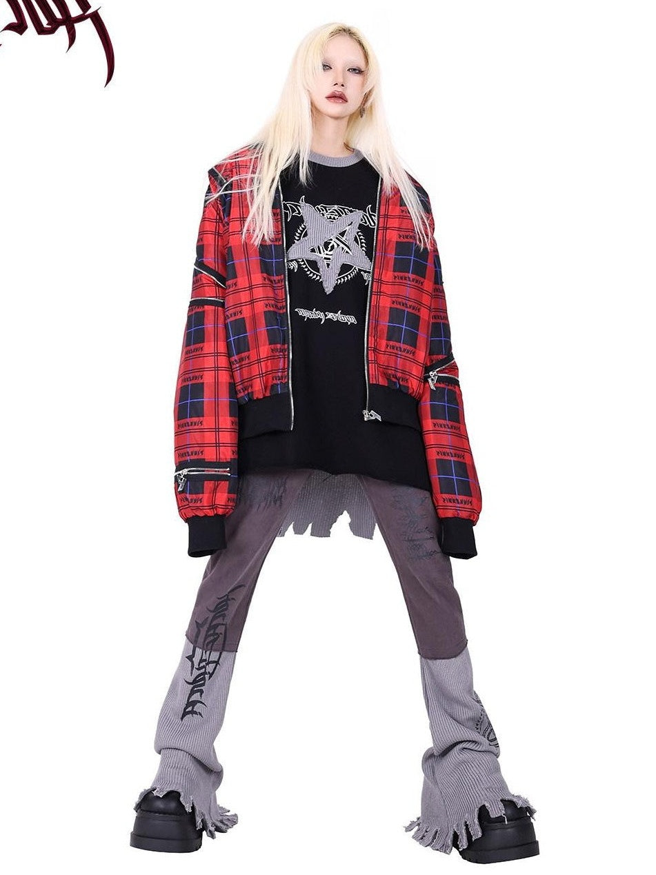 PINKSPINK Pink Embroidered Asymmetrical Distressed Pentagram Women's Cotton Flare Jeans
