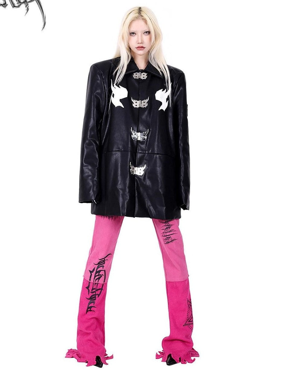 PINKSPINK Pink Embroidered Asymmetrical Distressed Pentagram Women's Cotton Flare Jeans