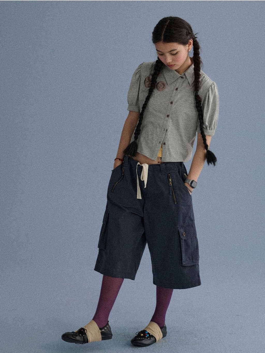 Achihara Blue Grey Buttoned Printed Collared Women'S Cotton Short Sleeve T-Shirts