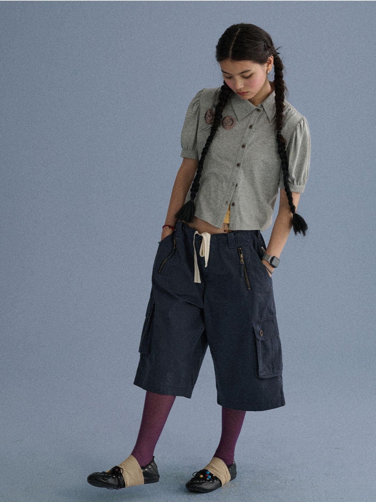 Achihara Blue Grey Buttoned Printed Collared Women'S Cotton Short Sleeve T-Shirts