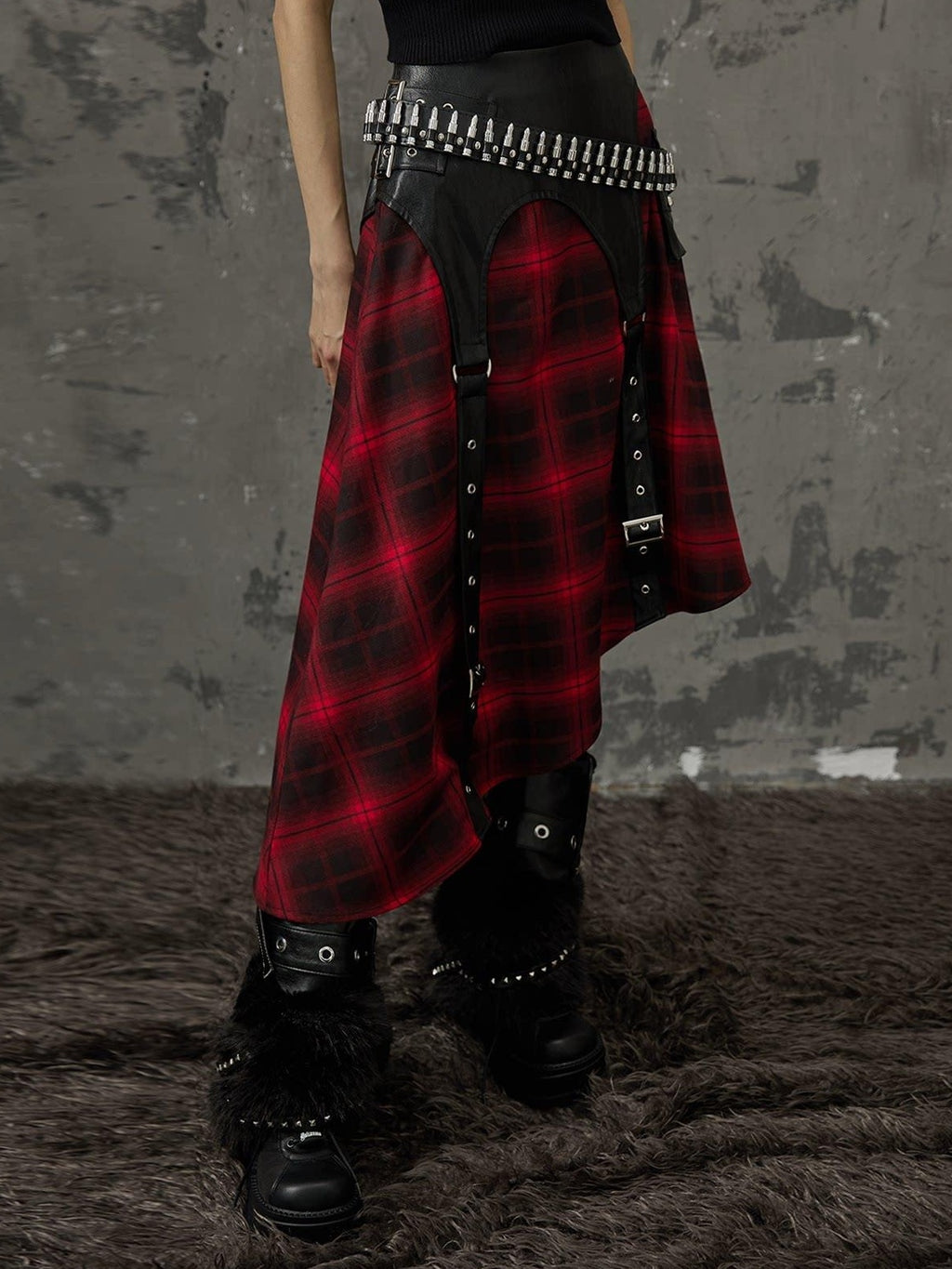 Frustration Garden Edgy Patchwork Asymmetrical A Line Mid Waist Loose Women Black Red Midi Skirts