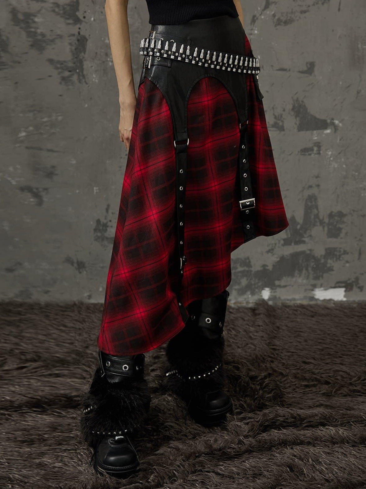 Frustration Garden Edgy Patchwork Asymmetrical A Line Mid Waist Loose Women Black Red Midi Skirts
