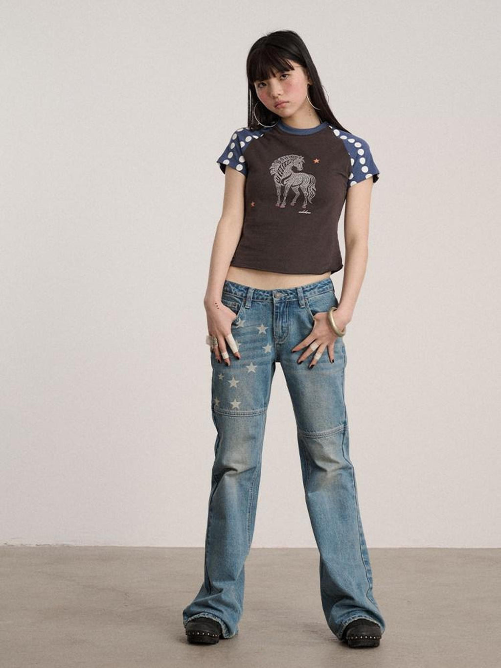 Achihara Polka Dot Contrast Panel Rhinestone Women'S Cotton Blend Short Sleeve T-Shirts