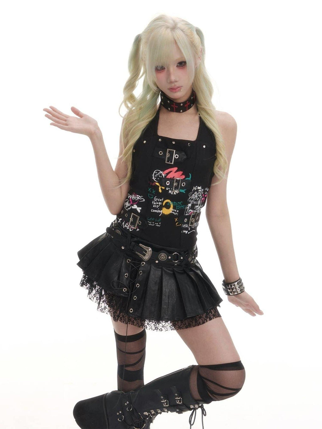 Frustration Garden Edgy Punk Asymmetrical Halter A Line Black Back Zipper Casual Mini Dresses