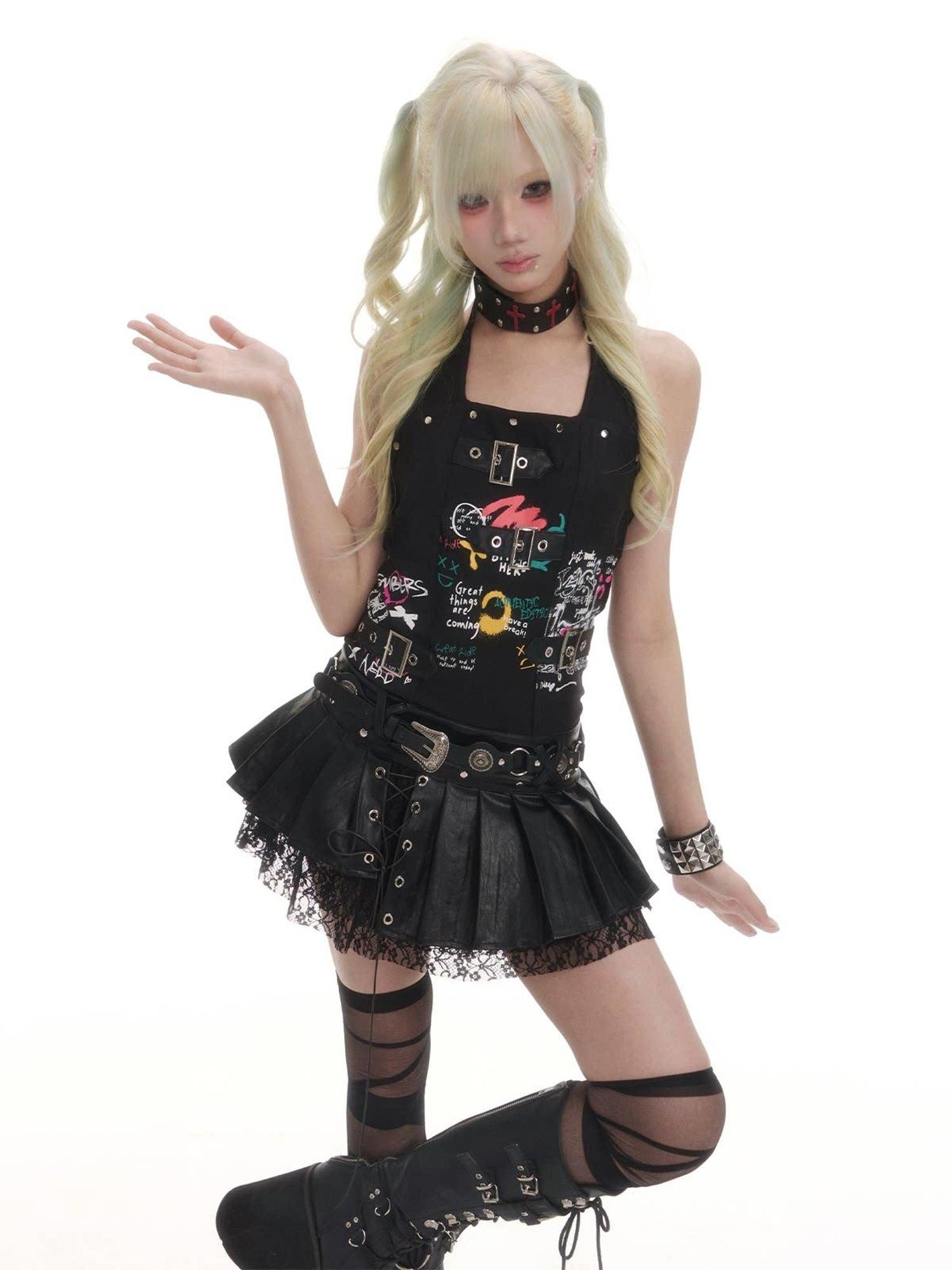 Frustration Garden Edgy Punk Asymmetrical Halter A Line Black Back Zipper Casual Mini Dresses