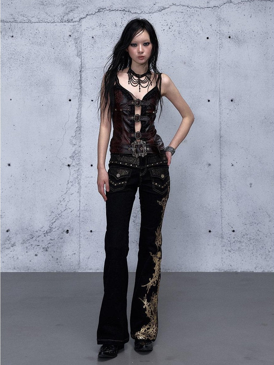 NO ROMANCE Rhinestone Low Rise Slim Fit Modern Patchwork Floral Mid Stretch Flare Jeans