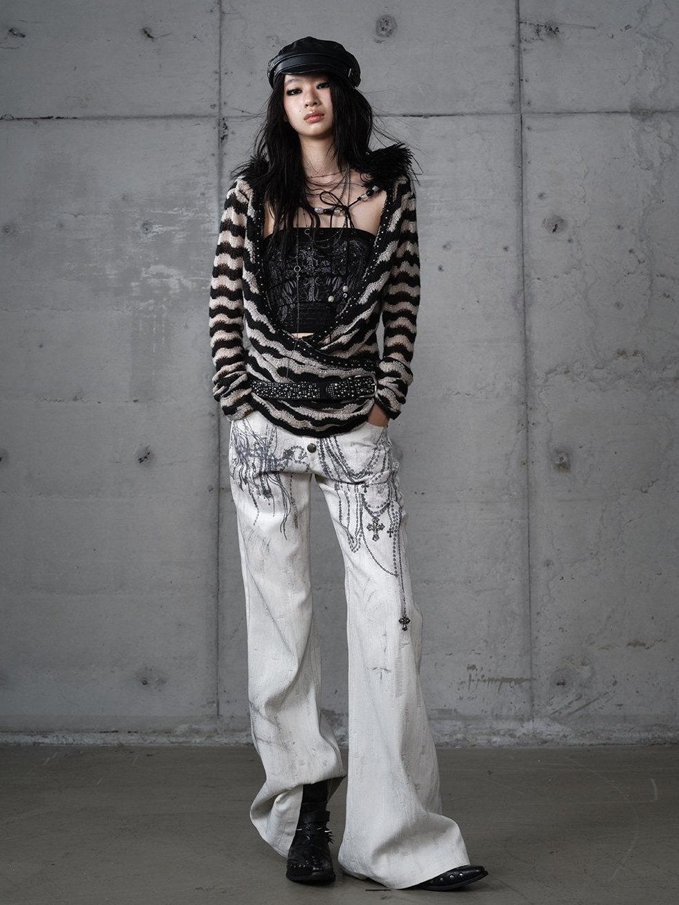 NO ROMANCE Dyed Punk Washed White Loose Fit Natural Waist Cotton Women Wide-Leg Jeans