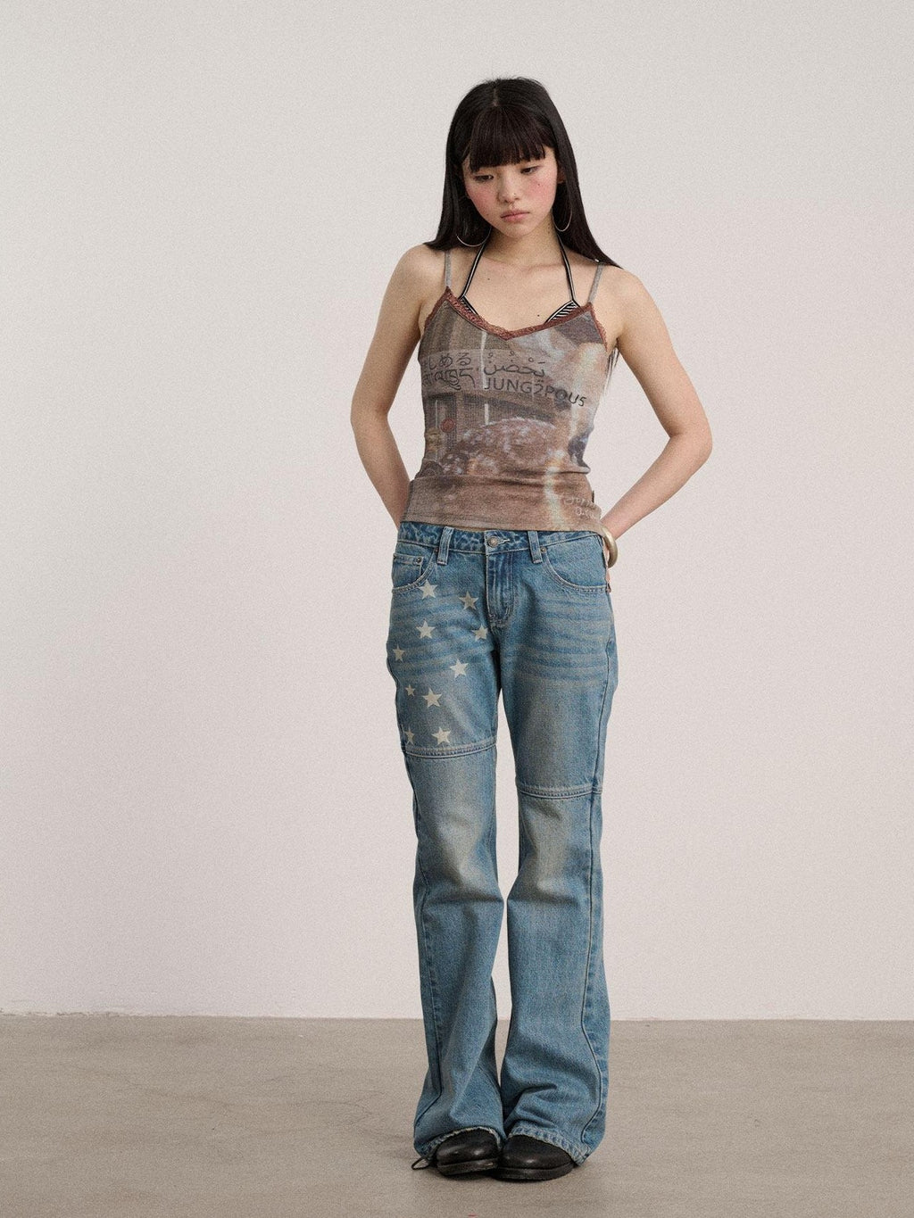 Achihara Letter Print Strappy V-neck Slim Fit Women'S Polyester Lace Camisoles