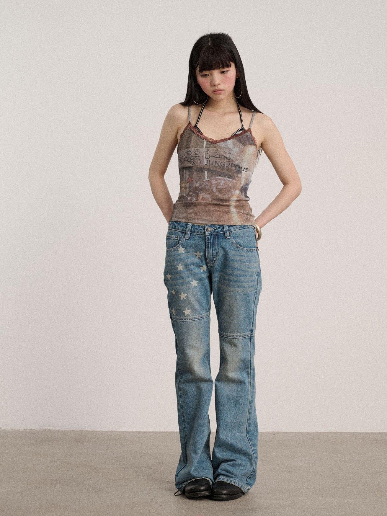 Achihara Letter Print Strappy V-neck Slim Fit Women'S Polyester Lace Camisoles