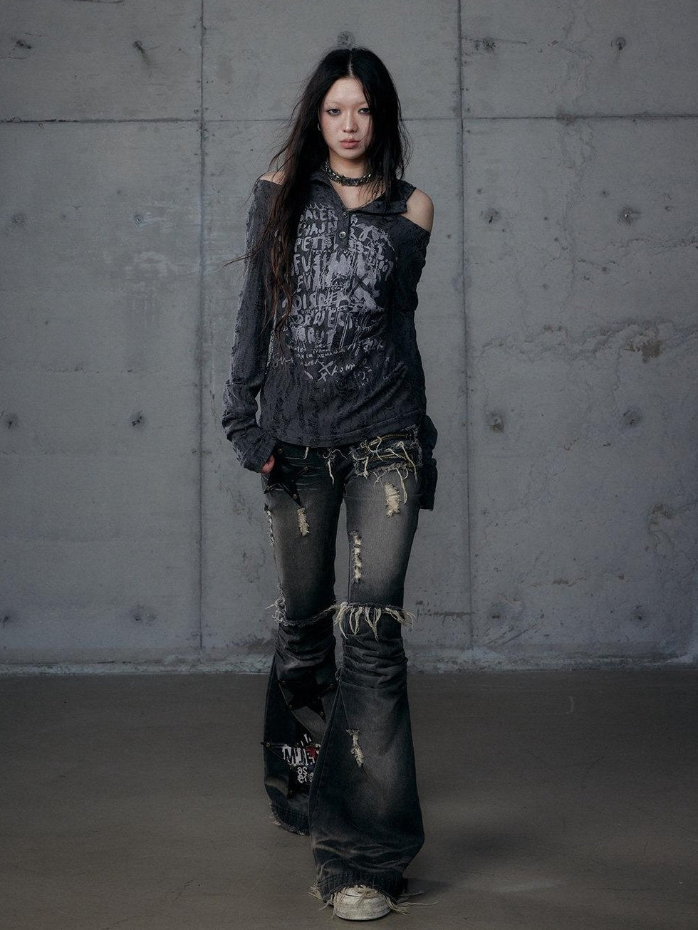 NO ROMANCE Vintage Washed Black Star Print High Waist Slim Fit Women Jeans Flare Jeans