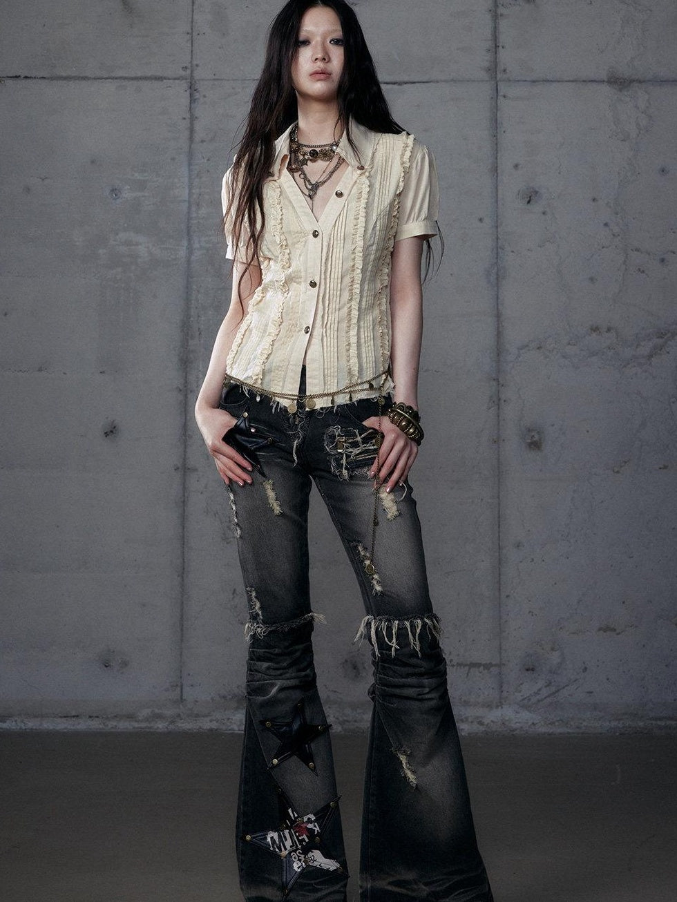 NO ROMANCE Vintage Washed Black Star Print High Waist Slim Fit Women Jeans Flare Jeans