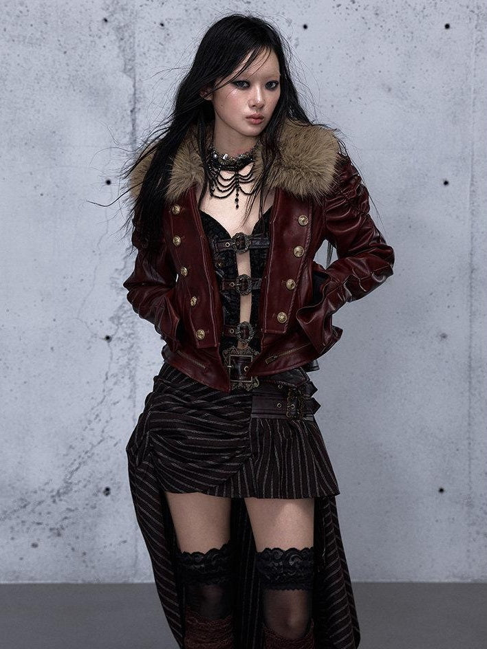 NO ROMANCE Removable Punk Style Regular Fit Women Burgundy Button Front Casual Jackets